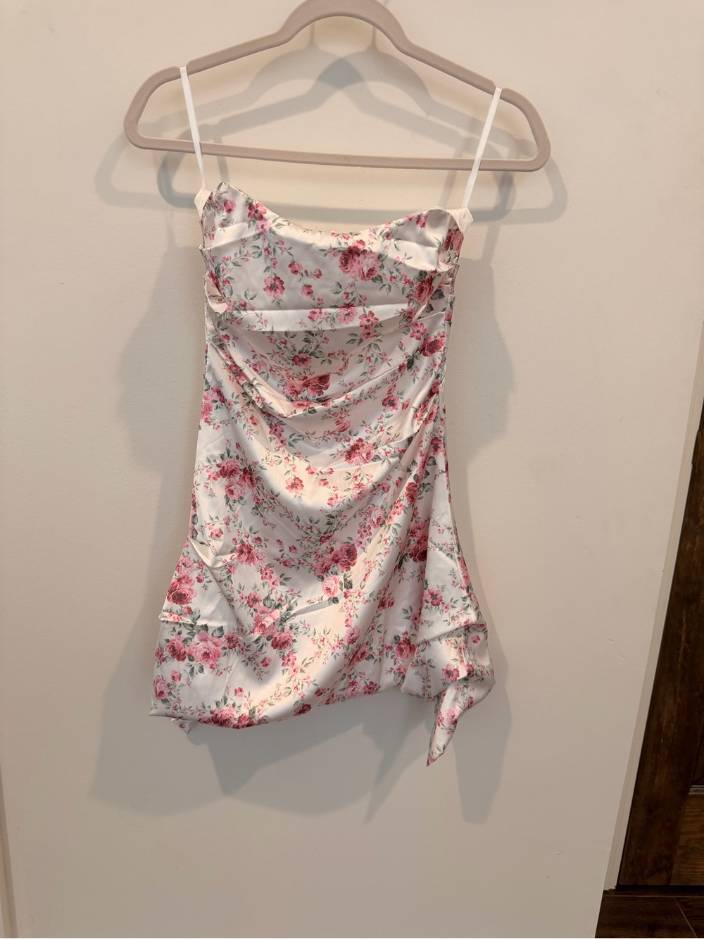 Floral Satin Slip Dress with Pink Rose Print